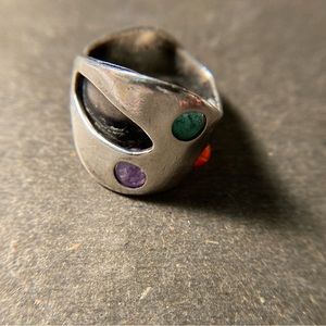 Vintage Art Smith Signed Modernist Ring Sterling Amethyst Carnelian Size 7.5
